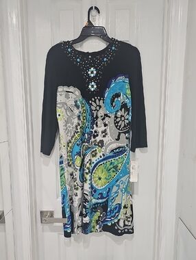 Studio I Black Midi Dress with Blue, Green and Gray Paisley